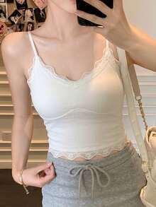 Áo camisole trắng ren mỏng manh độc đáo, có đệm mút, kiểu dáng không tay đa năng, có thể mặc lót hoặc khoác ngoài. - trắng - Xem 2