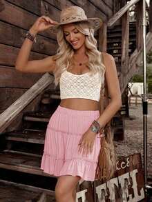 Jsnjjf Falda Casual de Color Sólido con Cintura Elástica y Volantes para Mujer - Rosa Pálido - Ver 4