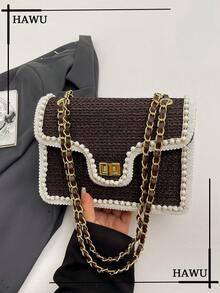 Fashion Pearl Design Straw Shoulder Bag, Small Square Bag For Beach Vacation - Coffee - View 9