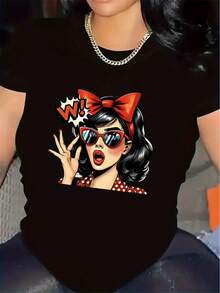 Camiseta negra con estampado retro de arte pop para mujer, estilo europeo y americano, moderna y genial, con diseño visual de arte pop, manga corta, estilo urbano, de algodón puro, cuello redondo, camiseta única y moderna para primavera/verano 2026. - Negro - Ver 1