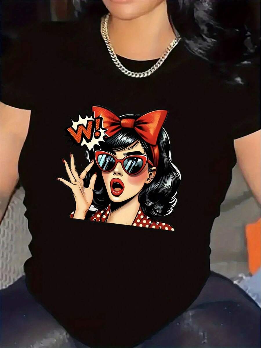 Camiseta negra con estampado retro de arte pop para mujer, estilo europeo y americano, moderna y genial, con diseño visual de arte pop, manga corta, estilo urbano, de algodón puro, cuello redondo, camiseta única y moderna para primavera/verano 2026. - Negro - Ver 1
