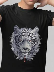 Camiseta unisex con estampado de tigre majestuoso. Camiseta unisex de algodón puro de 220 g. Peso ideal para todas las estaciones, apta tanto para hombres como para mujeres. Tejido duradero de alta calidad, suave al tacto y de larga duración. Prenda transpirable, ideal para el otoño y las vacaciones. - Negro - Ver 1