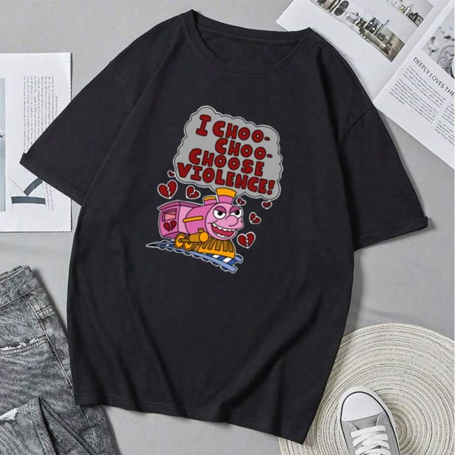 Yo-choo-choo-choose-violencia--Camiseta Unisex Divertida Anime Dibujos Animados Camiseta Casual de Verano Cuello Redondo - Negro - Ver 1