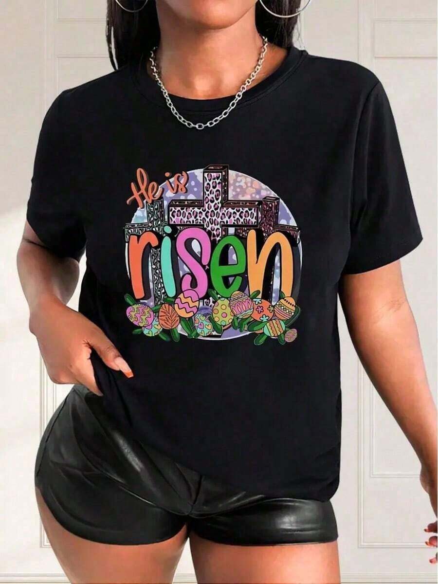 Algodón Camiseta Estampada De Pascua Con Cruz Y Huevos Para Mujer, % Algodón, Diseño Floral He Is Risen, Cuello Redondo, Manga Corta, Deportiva, Para Primavera/Verano, Color Negro. blusas para mujer camisa - Negro - Ver 1