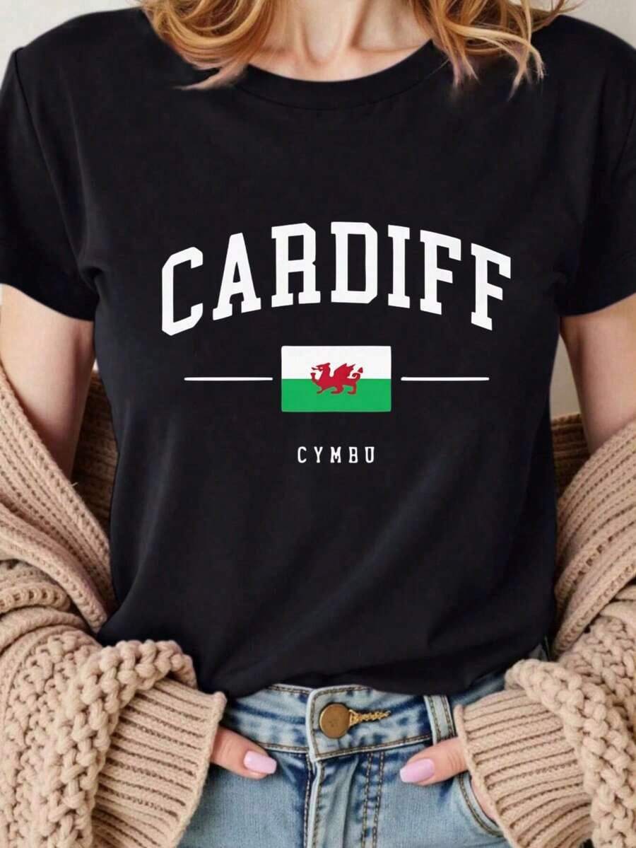 Women'S Casual Cardiff Graphic T-Shirt - Black Short Sleeve Crewneck With Welsh Flag & Cymru Print, Soft Polyester Blend, Summer Streetwear, Ladies T Shirtsplayeras de mujer - Negro - Ver 1