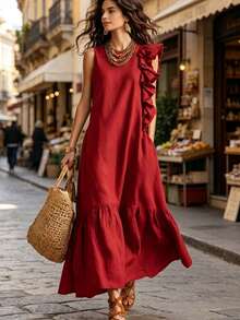 Vestido sin mangas informal de color liso con volantes irregulares para mujer - Rojo - Ver 2