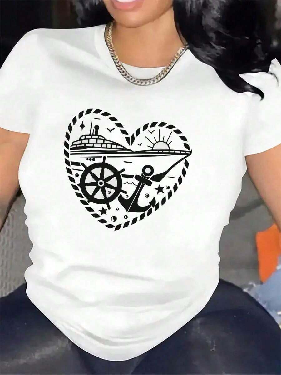 Camiseta De Manga Corta Con Diseño Náutico De Corazón | Hecha De Fibra Duradera, Ligera Y Cómoda Para Uso Casual En Casa O Para Salir A Comer, Perfecta Para La Playa, Yate O Aventuras En Crucero, Cuello Redondo, Tejido De Elasticidad MediaWomen Standard Size Casual T-Shirt Breathable Lightweight Short Sleeve Tee - Blanco - Ver 1