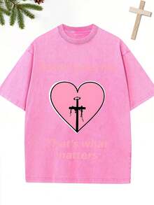 1 camiseta vintage con estampado de cruz de espinas en forma de corazón rosa, 100% algodón puro, lavada, estilo casual y urbano, adecuada para salir, usar en casa, en vacaciones de invierno, y el mejor regalo para familiares y amigos. 180g 100% Algodón - Gris - Ver 8