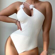Nuevo traje de baño de una pieza en color sólido, hecho de tela especial con un pequeño estampado floral de bikini. - Blanco - Ver 4