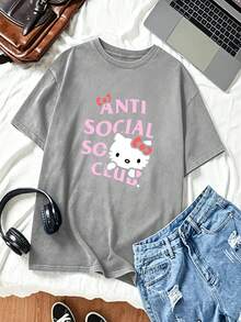 SANRIO Women's Cute Anti Social Club  Print T-Shirt Casual Round Neck Drop Shoulder Short Sleeve Pullover Top, Slight Stretch Fabric For Everyday Wear - 淺灰色 - 查看 6
