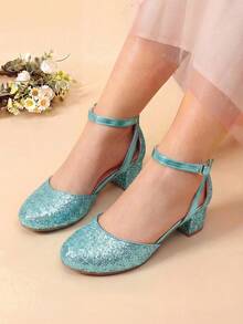 Little Girl's Wedding Party Pumps - Closed Toe High Heels With Ankle Strap For Toddler & Big Kid - 藍色 - 查看 1
