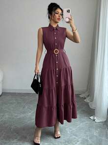 Women's Single-Breasted Sleeveless Shirt Dress With Ruffled Hem In Solid Color - Dark Gold - View 5