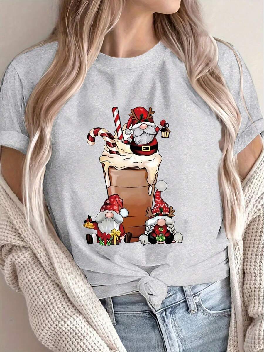 Camiseta de Manga Corta de Santa Claus para Mujer - Blusa de Cuello Redondo Ajustada con Estampado de Cara de Santa, Atuendo Casual para Fiestas Navideñas, Top en Línea H para Todas las Estaciones (Lavado a Mano) para Uso Anual y Vestimenta Festiva - Gris Claro - Ver 1