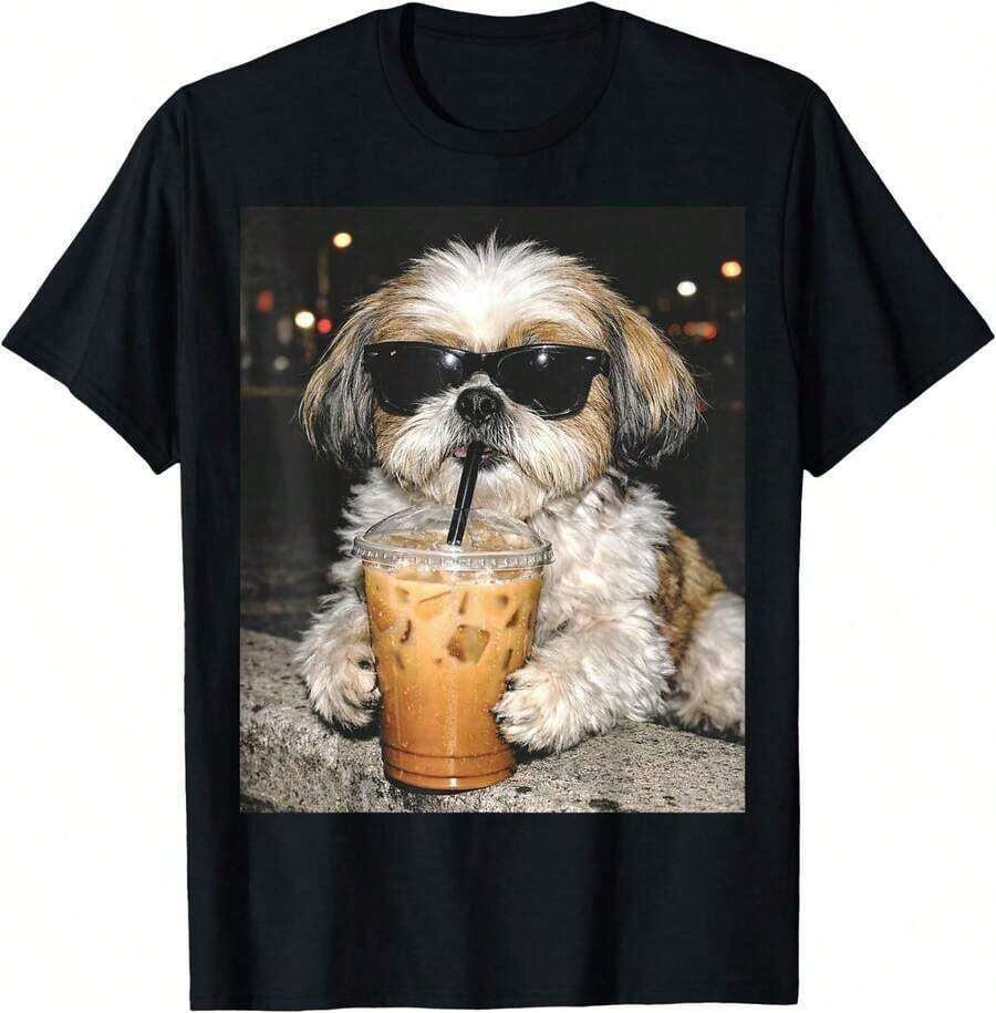 Camiseta Básica Mexicana 2026 con Meme Divertido de Perro Shih Tzu Bebiendo Café Helado, Unisex Teecool, Nuevo Lanzamiento - Negro - Ver 1
