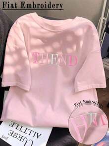 Camiseta ajustada casual de verano con bordado de letra para mujer - Rosa - Ver 1