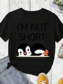 Stylish And Casual Women's Short-Sleeved, Cute Women's T-Shirt With A Fun Penguin Print, "I'm Not Short, I'm A Penguin", One Size Fits All, White, Loose Fit, Casual For Everyday Wear In Summer And Autumn. - 黑色 - 查看 3