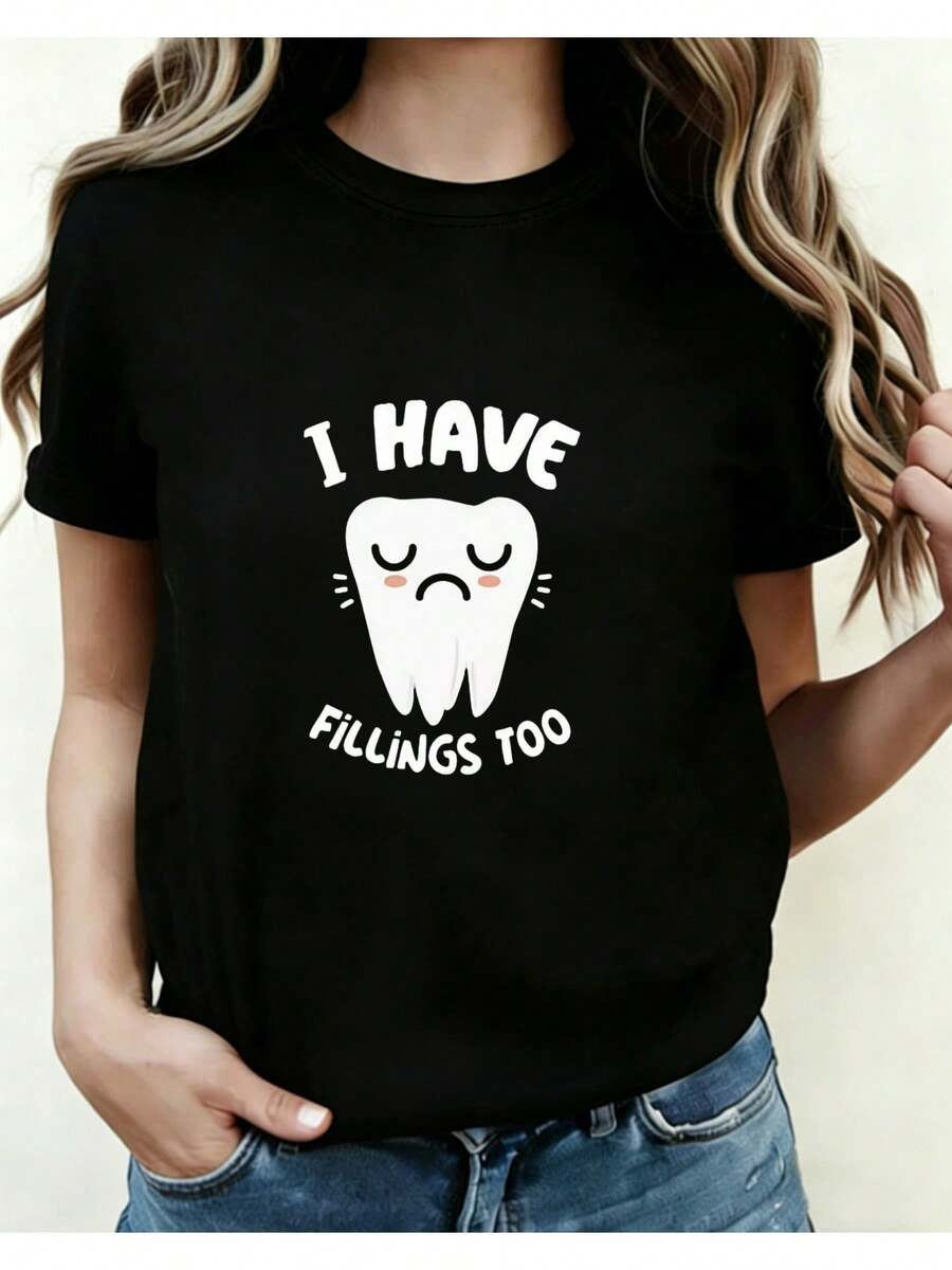 Camiseta Divertida de Manga Corta para Mujer "Yo También Tuve un Relleno" con Temática Dental, Ropa Humorística para Dentistas, Camiseta Transpirable de Cuello Redondo, Adecuada para Asistentes Dentales, Uso Diario Casual, Regalo de Graduación I01 Camiseta Estampada de Cuello Redondo para Mujer para Todas las Temporadas - Negro - Ver 1