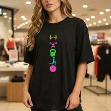 Casual Women's Cotton T-Shirt, Oversized Fit Gym Graphic Tee With Colorful Dumbbell & Fitness Icons, Casual Short Sleeve Workout Top For Activewear, Soft Basic Shirt For Daily Wear, Women's Letter Print T-Shirt Crew Neck Short Sleeve CasualFashion - 黑色 - 查看 8