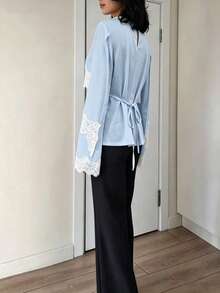 New Arrival Women's Solid Color Lace Patchwork Elegant Long Sleeve Tie Front Satin Top, Suitable For Spring/Summer Vacation - Light Blue - View 4