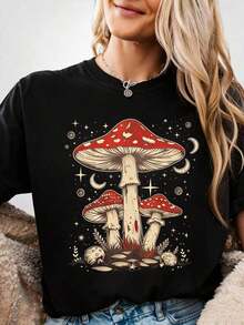 Retro T-Shirt With Celestial Mushroom Design, Boho T-Shirt, Sarcastic T-Shirt, Gift T-Shirt For Mushroom Lovers, Botanical T-Shirt, Garden Lover T-Shirt, Unisex Graphic T-Shirts, Funny T-Shirt - 黑色 - 查看 5