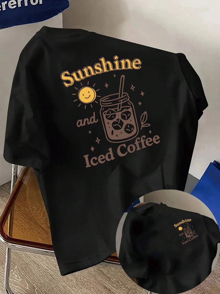 Camiseta de manga corta de corte regular - Estampado de moda "Sunshine, Iced Americano" - Camiseta de mujer con estampado de moda para primavera/verano, atuendo casual y moderno para el verano. - Negro - Ver 1