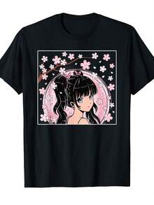 Camiseta de Mujer con Estampado de Anime Sakura, Cuello Redondo Negro, Manga Corta, Estilo Retro, Linda Camiseta con Estampado de Cómic, Ropa Casual de Verano para Uso Diario, Regalo de Cumpleaños o Viaje de Vacaciones camisas de mujer sudaderas para mujer sueter blusa casual mujer verano vestidos de graduación - Negro - Ver 1
