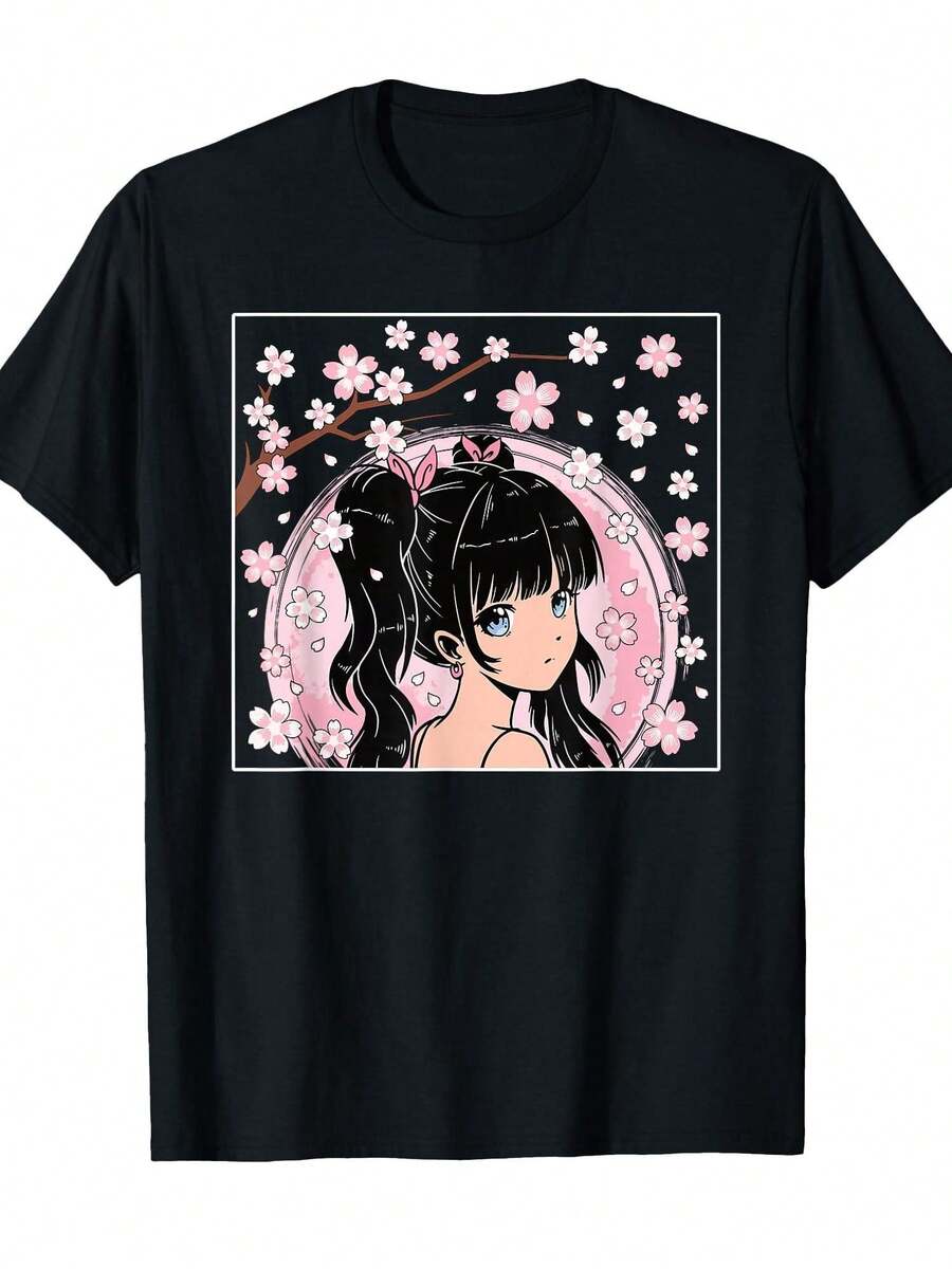 Camiseta de Mujer con Estampado de Anime Sakura, Cuello Redondo Negro, Manga Corta, Estilo Retro, Linda Camiseta con Estampado de Cómic, Ropa Casual de Verano para Uso Diario, Regalo de Cumpleaños o Viaje de Vacaciones camisas de mujer sudaderas para mujer sueter blusa casual mujer verano vestidos de graduación - Negro - Ver 1