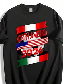 Camiseta de la Copa Mundial de América del Norte 2026 con gráfico de bandera y balón de fútbol, para aficionados, casual, de algodón, manga corta - Negro - Ver 1