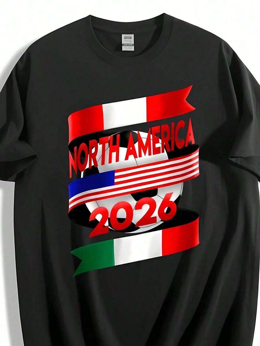 Camiseta de la Copa Mundial de América del Norte 2026 con gráfico de bandera y balón de fútbol, para aficionados, casual, de algodón, manga corta - Negro - Ver 1