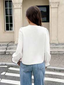 Camisa de manga larga con botones y bordados, elegante y casual para mujer - Blanco - Ver 2