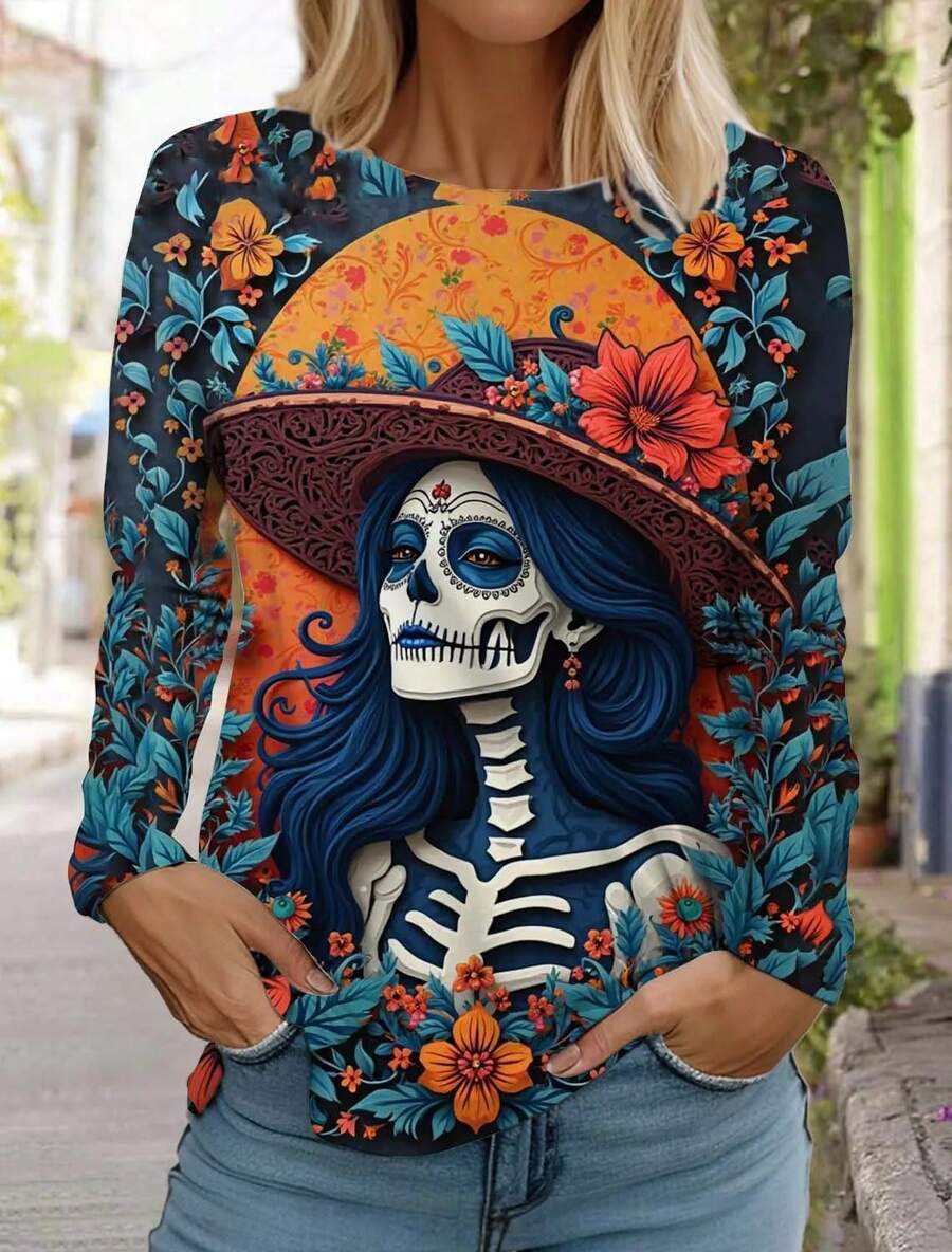 Camisa de manga larga con estampado de calavera de azúcar para mujer, camisas del Día de los muertos, Tops estampados en 3D, ropa de mujer de estilo gótico de verano - CAC04G2025151QZ - Ver 1