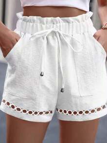Shorts Holgados de Verano 2026 para Mujer Talla Grande – Con Bolsillos y Ribete de Encaje - Blanco - Ver 1