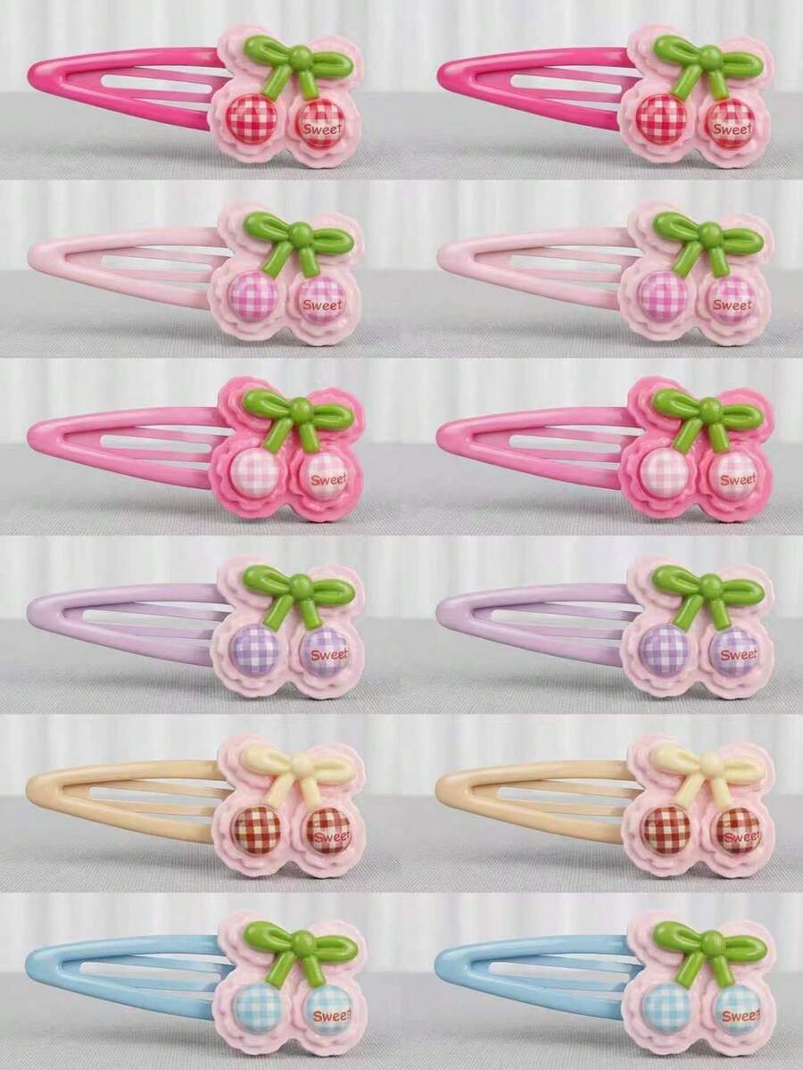 12/4/2pcs Cute Cherry Pattern Hair Clips, Sweet Girl Hair Clip Set, Adorable Plaid Bow Decor BB Clips, Suitable For Girls Daily And Party Use Hair Accessories - Multicolor - View 1