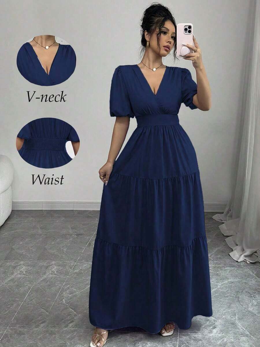 Vestido largo con cuello en V elegante, cintura recogida, pliegues, bajo acampanado y mangas abullonadas, color púrpura, de uso casual y para vacaciones, para primavera/verano - Azul marino - Ver 1