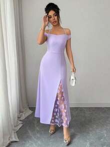 YHHElenzga Vestido elegante de mujer con hombros descubiertos, silueta ajustada con paneles laterales con ribete de encaje y abertura hasta el muslo, adecuado para fiestas de noche, citas, eventos sociales ligeros y salidas casualesYHH - Morado - Ver 5