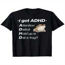 Divertida y decorativa camiseta para concienciar sobre el TDAH (Trastorno por Déficit Cognitivo) para el Día de la Independencia y el Día del Padre. Un dise?o humorístico con una rana y un símbolo de TDAH. Cómoda camiseta de cuello redondo con un corte ligeramente elástico y regular para un look casual urbano. Disponible en tallas unisex para adultos (con texto y dise?o de rana verde). - Salud Mental - Negro - Ver 1