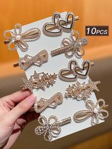 10pcs/Set Elegant Rhinestone & Faux Pearl Hair Clips, Includes Flower, Star, Heart Shapes, Suitable For Parties, Weddings, Gifts For Women,Hair Claws,Clips For Hair - Multicolor - View 8