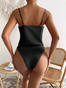 Body de satén elegante con tirantes finos y drapeado de unicolor - Negro - Ver 2
