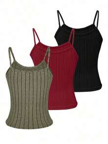 Conjunto De 3 Piezas De Camisetas De Tirantes Acanaladas De Mujer Con Color Sólido - Multicolor - Ver 2