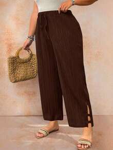 Pantalones de talla grande en color liso y con textura casual - Marrón - Ver 2