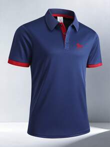 1件男士夏季對比領馬匹印花 Polo 衫，冰絲快乾透氣商務休閒通勤上衣 - 藏蓝色 - 查看 2