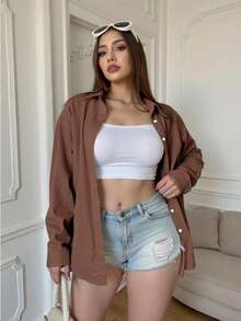 Camisa casual/de trabajo de manga larga, de un solo pecho y de unicolor para mujer de talla grande - Café integral - Ver 4