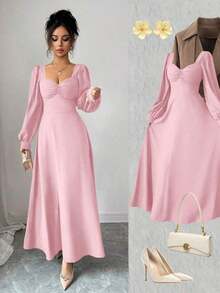 YHHElenzga Vestido maxi elegante de mujer con cuello cuadrado, mangas abultadas y cintura, adecuado para el uso diarioYHH - Rosa - Ver 12