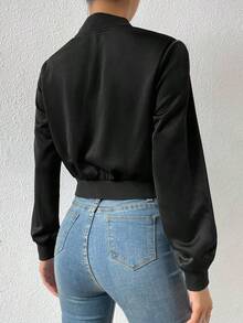 Chaqueta bomber corta con cremallera de color liso, chaqueta ligera de mujer de uso casual para primavera/otoño con manga regular, cuello tipo béisbol y ajuste regular en color negro liso - Negro - Ver 2