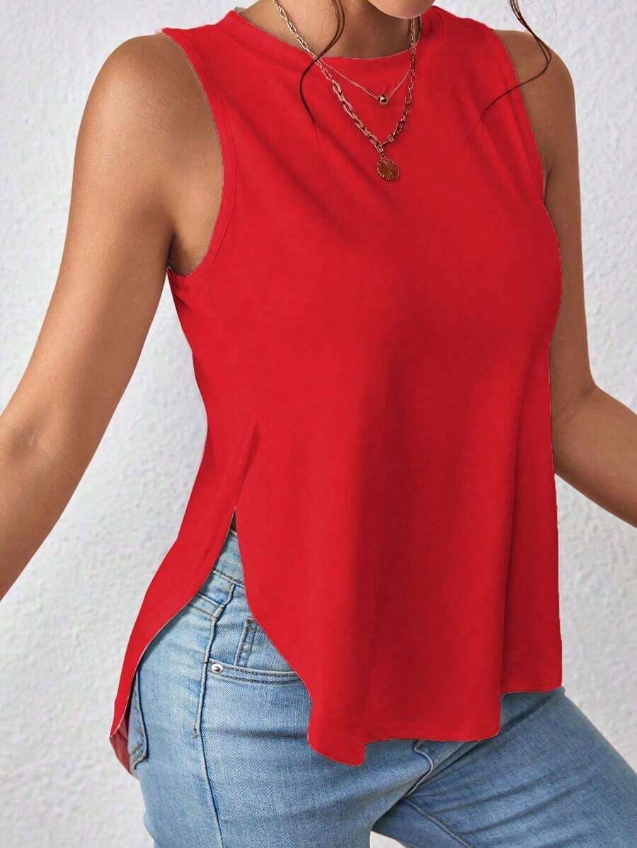 1 pieza Camiseta casual de mujer de cuello redondo y bajo con abertura lateral de un solo color - Rojo - Ver 1