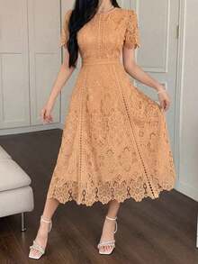Vestido corto con adorno de encaje en las mangas, vestido mini elegante y refinado - Naranja - Ver 5
