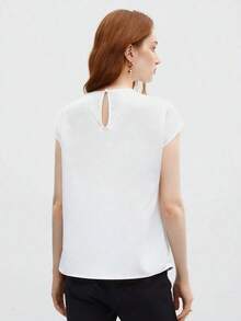 Blusa de mujer con mangas de murciélago asimétricas, de unicolor, estilo básico urbano de viaje, moda elegante y sencilla para negocios casuales, adecuada para maestras y uso en la oficina - Blanco - Ver 2