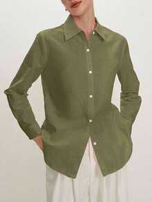 2026 Nueva Camisa Básica Versátil y Elegante para Mujer con Botones Delanteros y Cuello Mao en Color Azul Claro, Adecuada para Ir al Trabajo, Uso Diario, Estilo Retro de los 90, Navidad, Año Nuevo, Fiesta de San Valentín, Playa, Graduación, Moda, - Verde militar - Ver 6