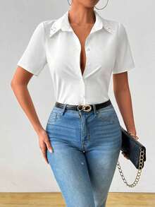 Camisa casual de oficina de unicolor de manga corta y abotonadura sencilla para mujer - Blanco - Ver 5