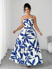 Vestido elegante de mujer talla grande con tirantes finos, cintura fruncida y diseño evasé, con estampado de hojas de dos colores, diseño evasé estilizador, elegante y sofisticado, adecuado para volver al colegio, graduación, San Valentín, festiva - Morado - Ver 7